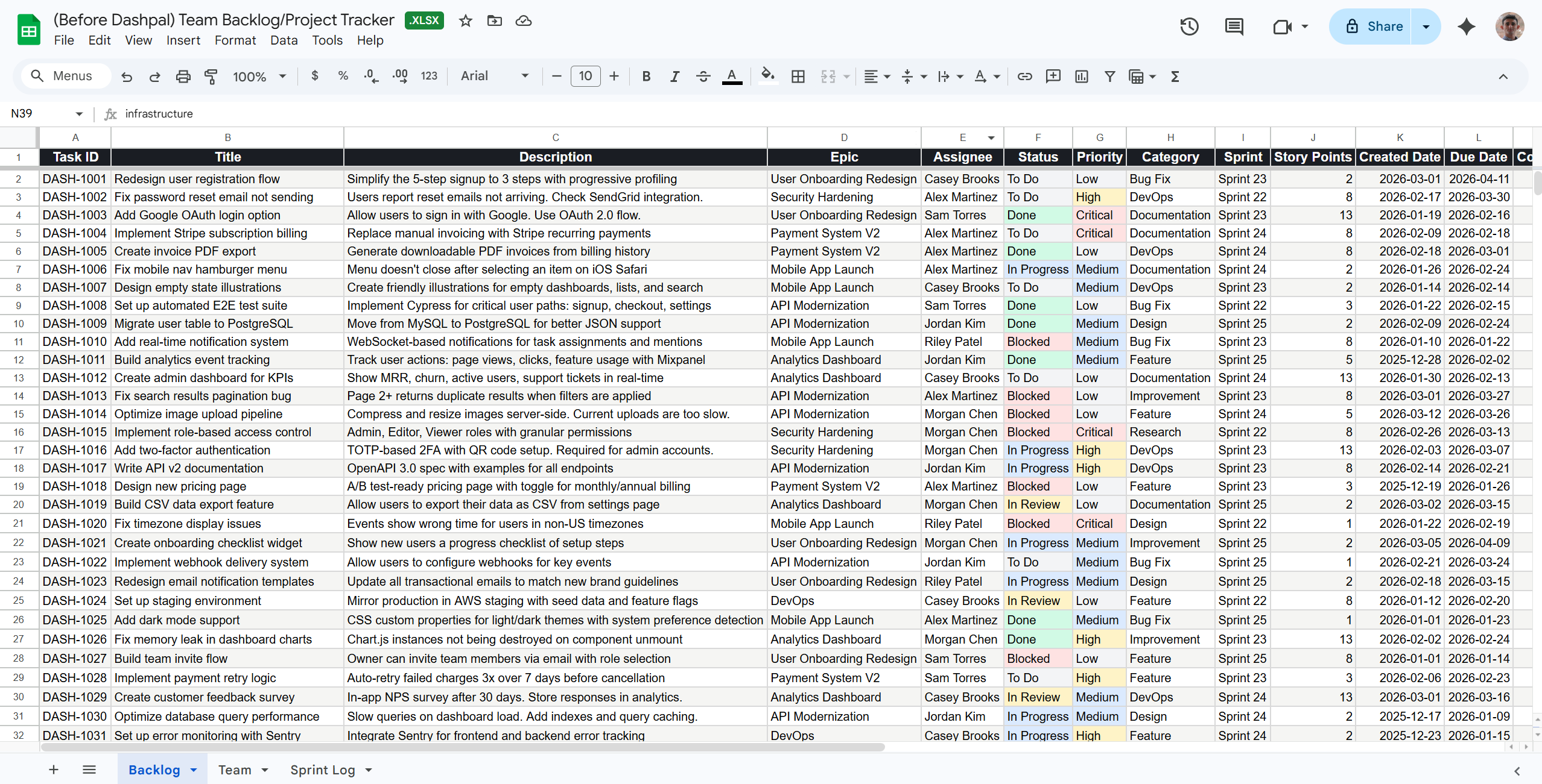 Raw spreadsheet data