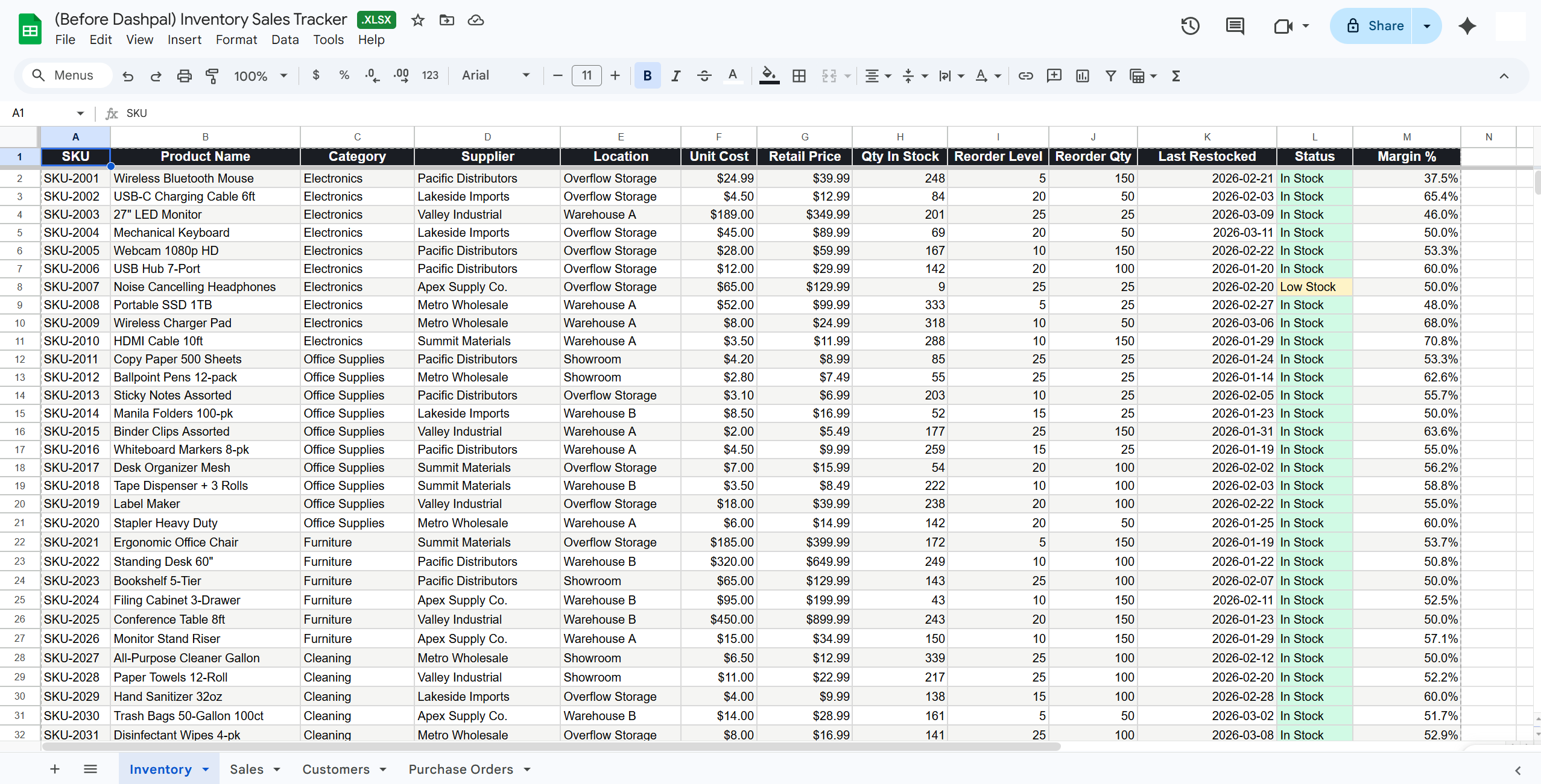 Raw inventory spreadsheet